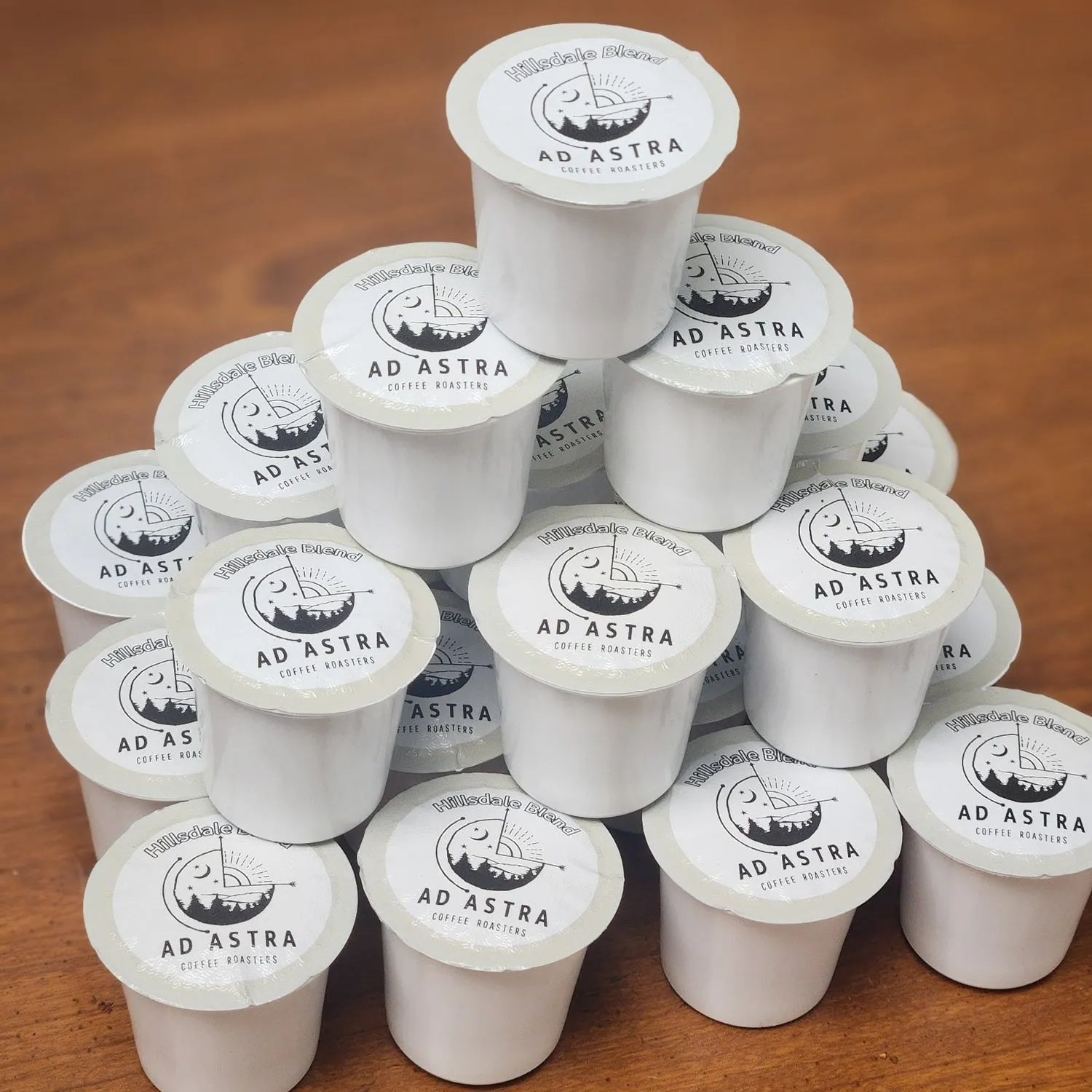A box of Hillsdale Blend K-Cups with single-serve pods