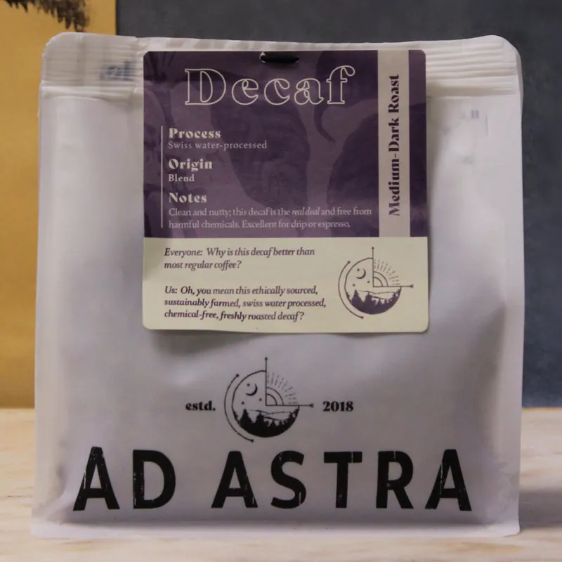 A bag of The Decaf medium-dark roast coffee
