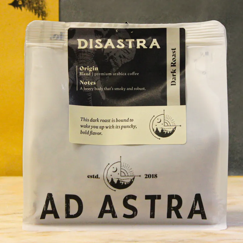 A bag of Disastra dark roast coffee