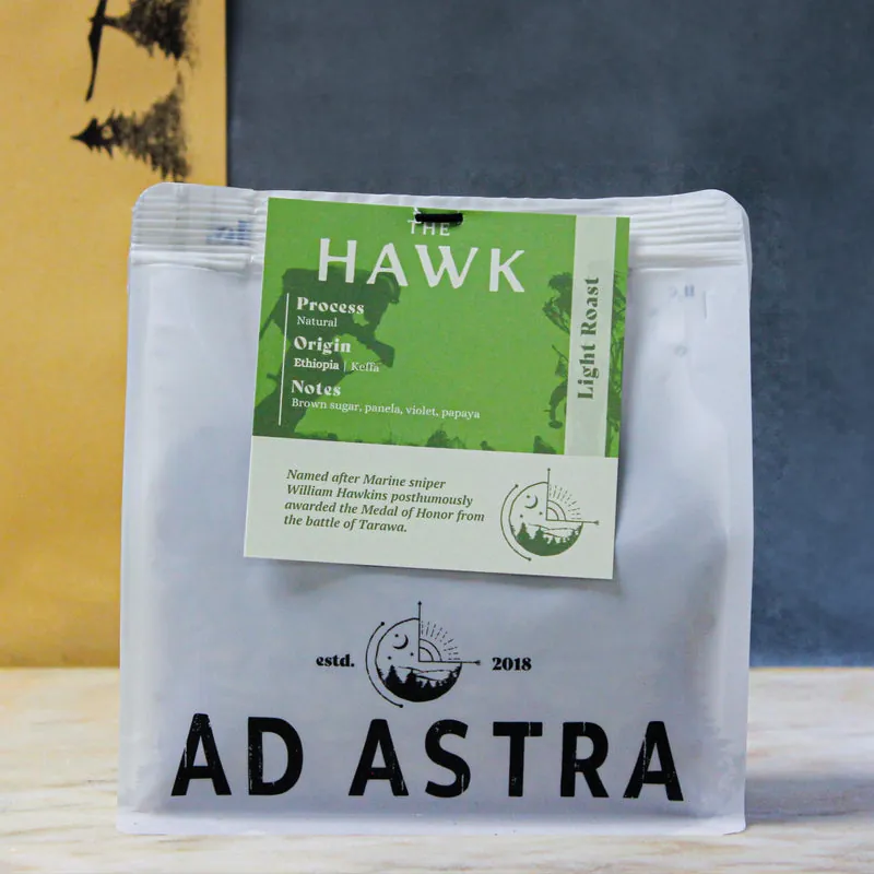 A bag of Lt. Hawkins Brew light roast coffee with its green label