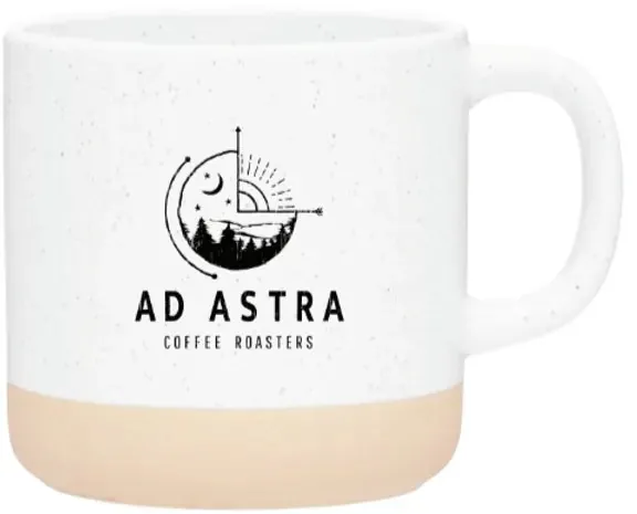 A 12 oz speckled Ad Astra camp-style mug